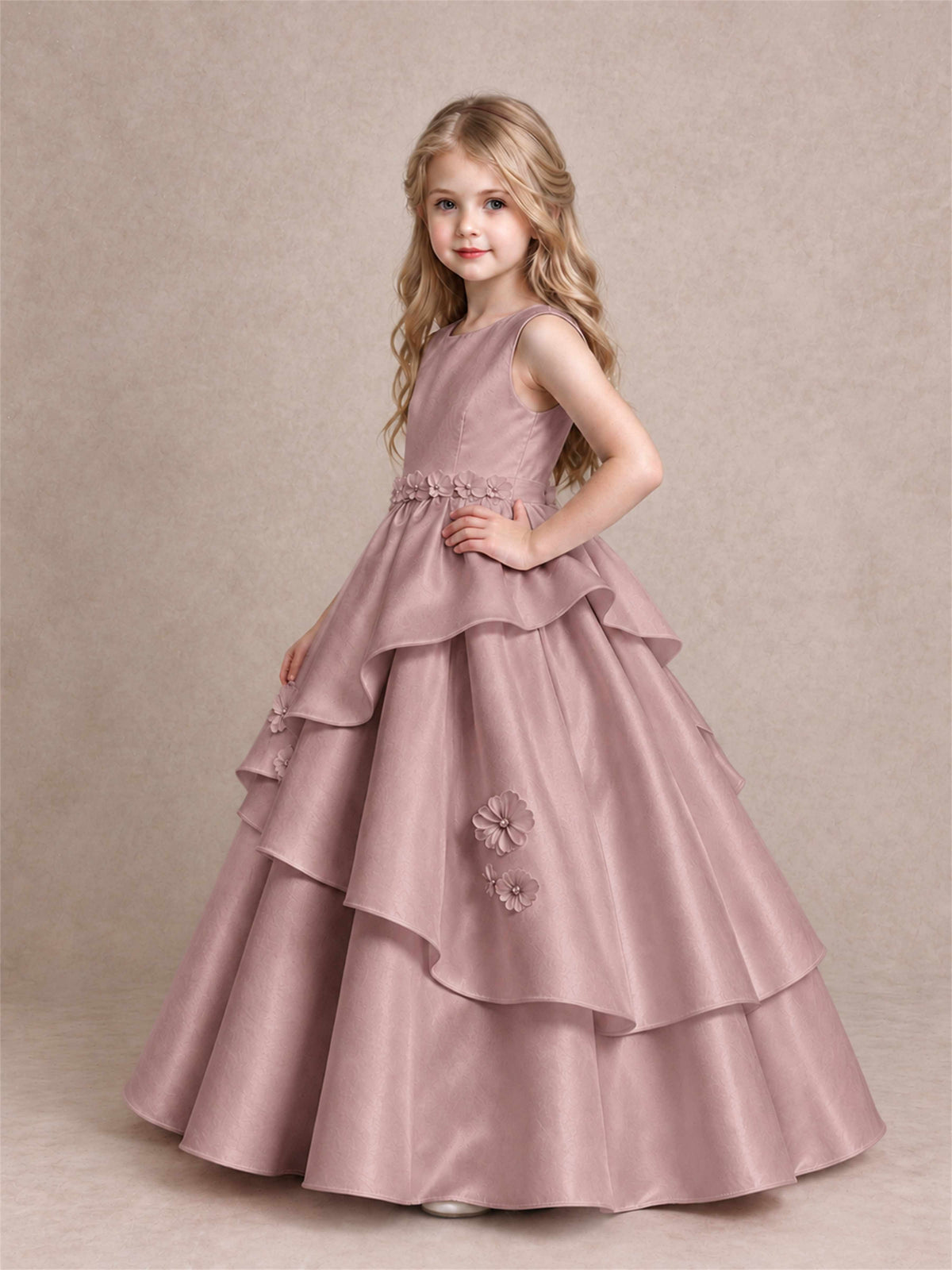 3D Floral Ruffled Satin Flower Girl Dress Floor Length Princess Gown for Wedding First Communion