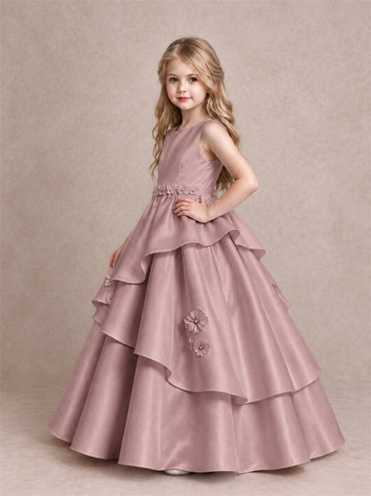 3D Floral Ruffled Satin Flower Girl Dress Floor Length Princess Gown for Wedding First Communion