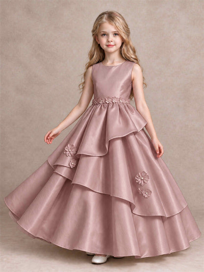 3D Floral Ruffled Satin Flower Girl Dress Floor Length Princess Gown for Wedding First Communion