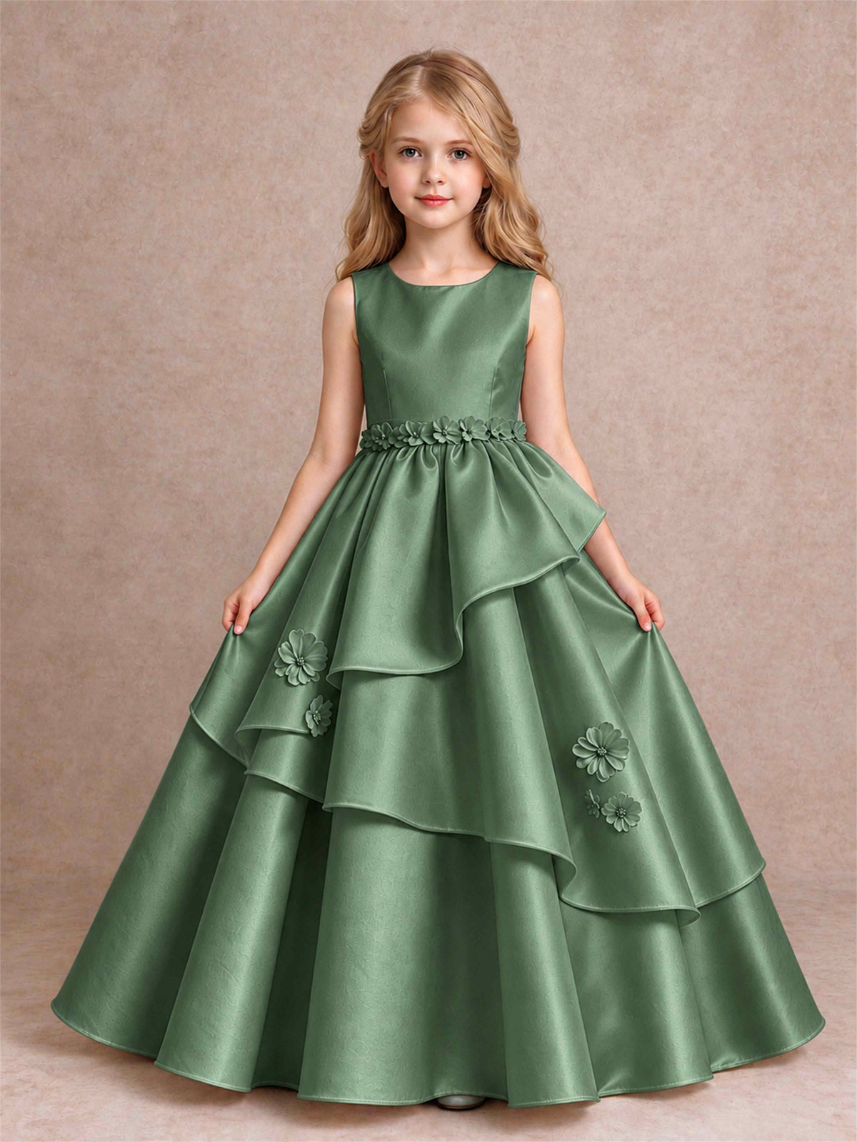 3D Floral Ruffled Satin Flower Girl Dress Floor Length Princess Gown for Wedding First Communion