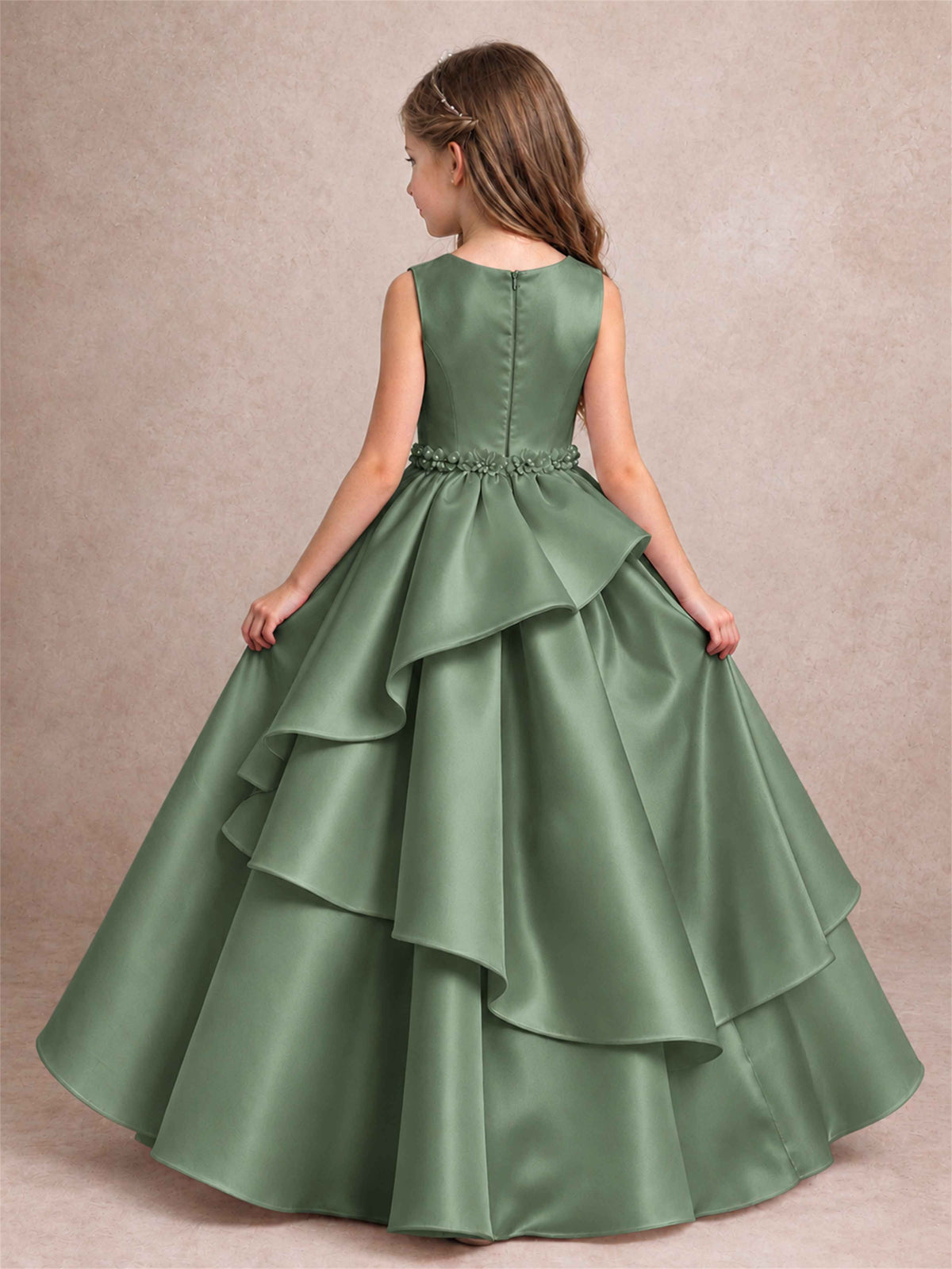 3D Floral Ruffled Satin Flower Girl Dress Floor Length Princess Gown for Wedding First Communion