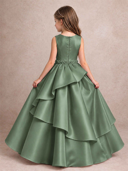 3D Floral Ruffled Satin Flower Girl Dress Floor Length Princess Gown for Wedding First Communion