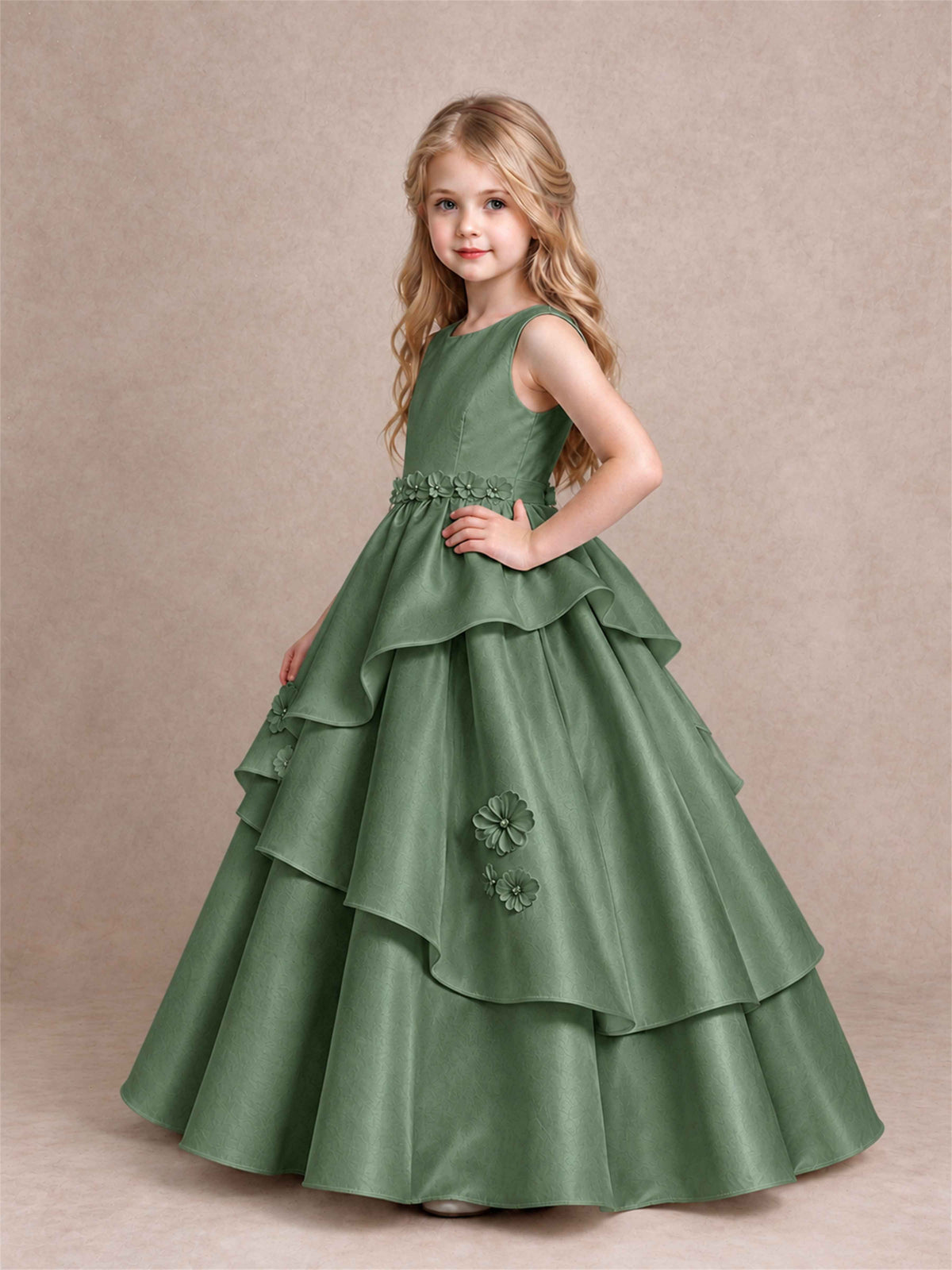 3D Floral Ruffled Satin Flower Girl Dress Floor Length Princess Gown for Wedding First Communion