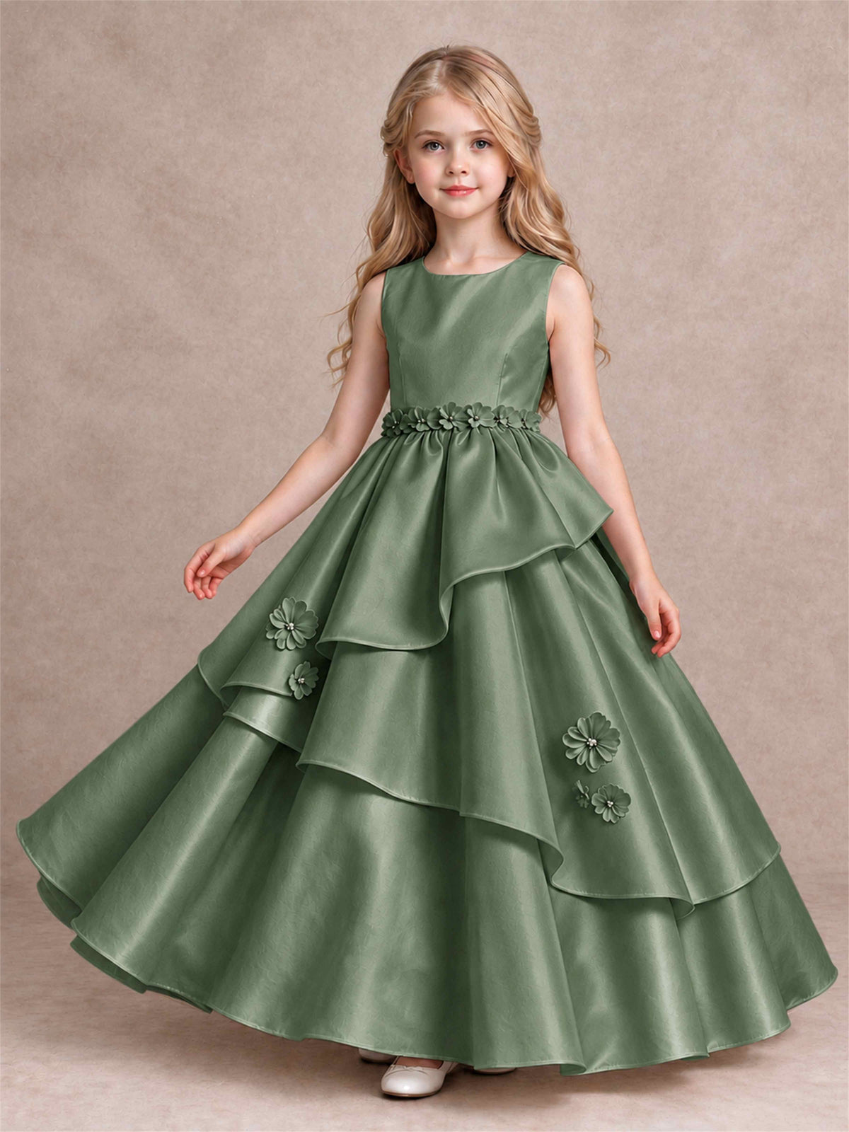 3D Floral Ruffled Satin Flower Girl Dress Floor Length Princess Gown for Wedding First Communion