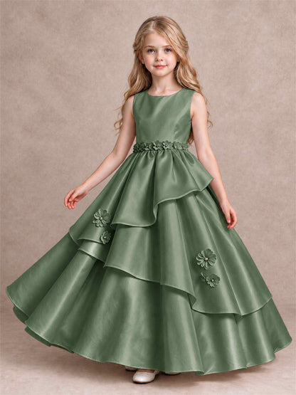 3D Floral Ruffled Satin Flower Girl Dress Floor Length Princess Gown for Wedding First Communion