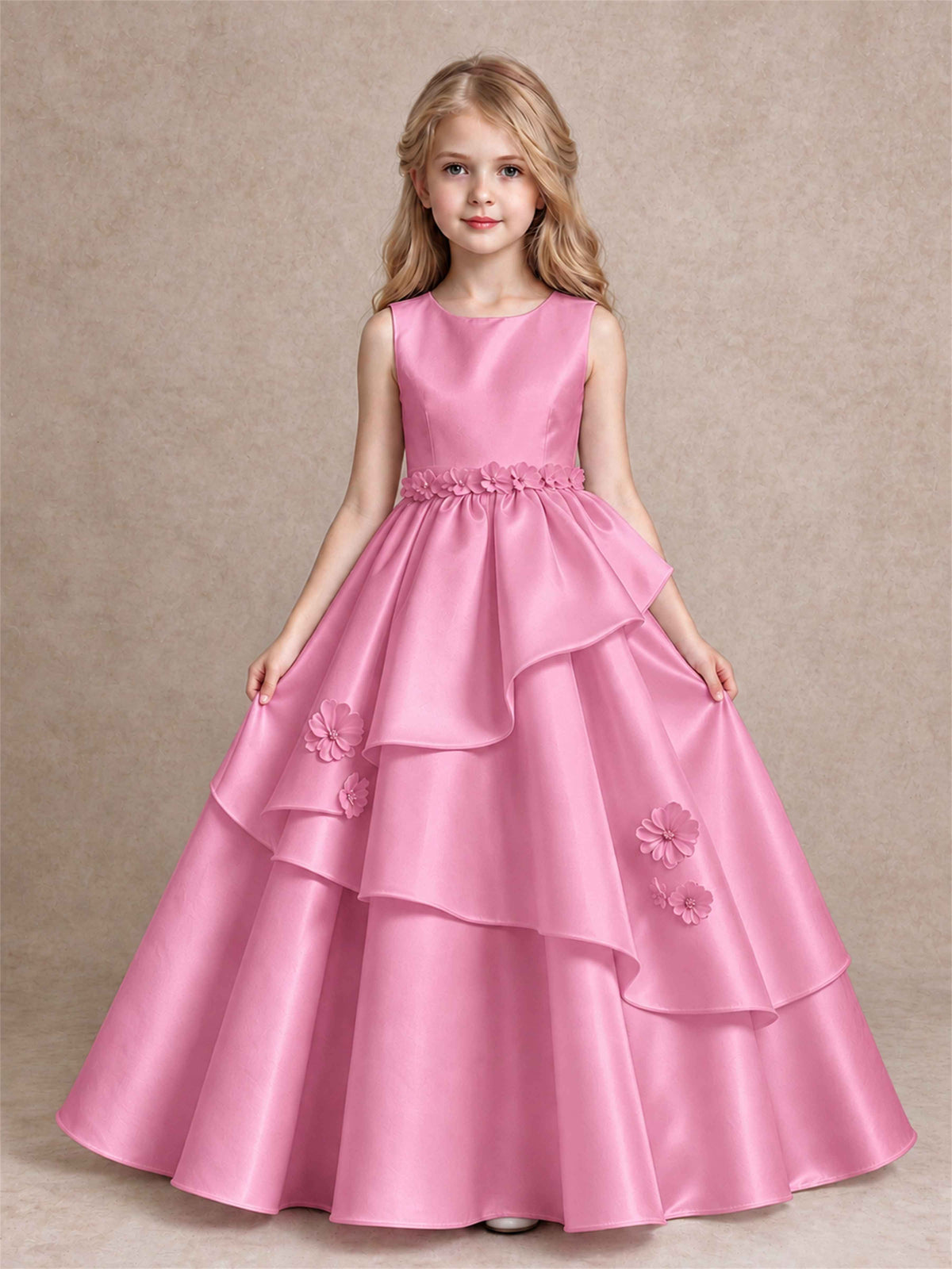 3D Floral Ruffled Satin Flower Girl Dress Floor Length Princess Gown for Wedding First Communion