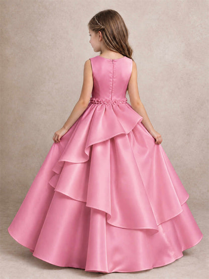 3D Floral Ruffled Satin Flower Girl Dress Floor Length Princess Gown for Wedding First Communion