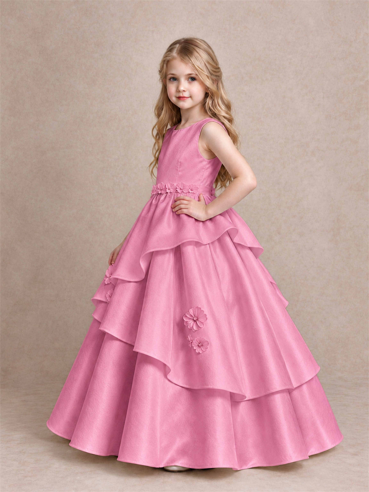 3D Floral Ruffled Satin Flower Girl Dress Floor Length Princess Gown for Wedding First Communion