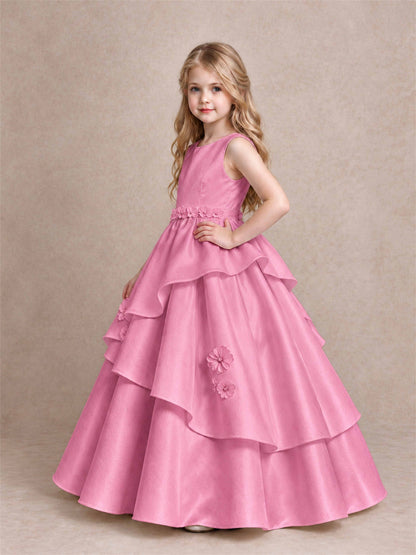 3D Floral Ruffled Satin Flower Girl Dress Floor Length Princess Gown for Wedding First Communion