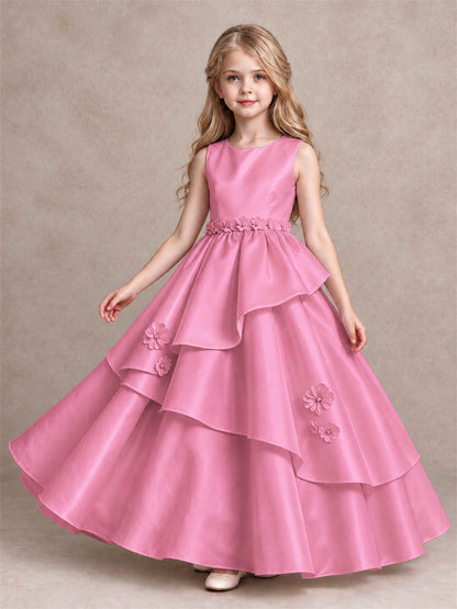3D Floral Ruffled Satin Flower Girl Dress Floor Length Princess Gown for Wedding First Communion