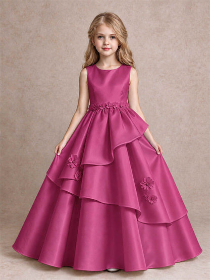 3D Floral Ruffled Satin Flower Girl Dress Floor Length Princess Gown for Wedding First Communion