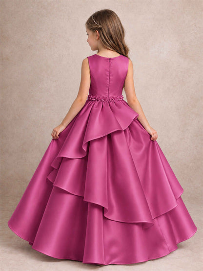 3D Floral Ruffled Satin Flower Girl Dress Floor Length Princess Gown for Wedding First Communion