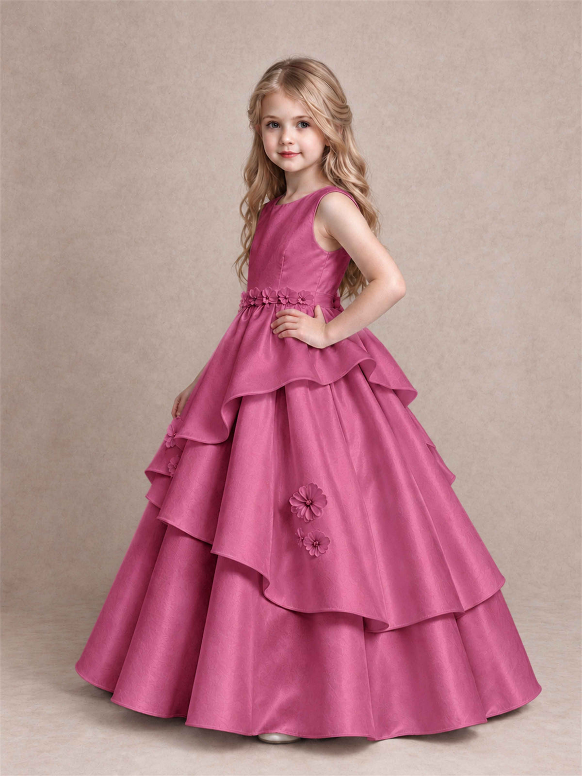 3D Floral Ruffled Satin Flower Girl Dress Floor Length Princess Gown for Wedding First Communion