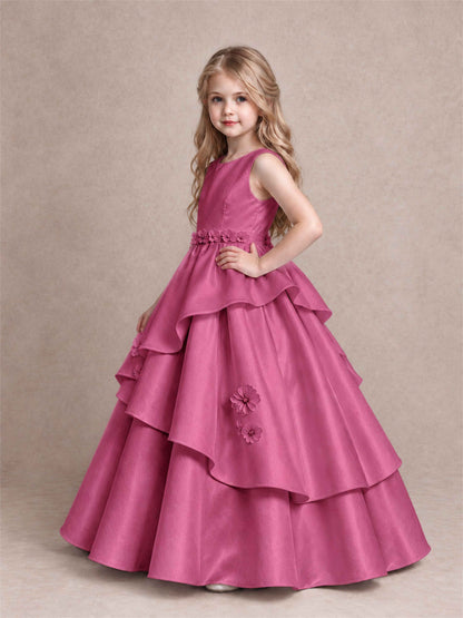 3D Floral Ruffled Satin Flower Girl Dress Floor Length Princess Gown for Wedding First Communion