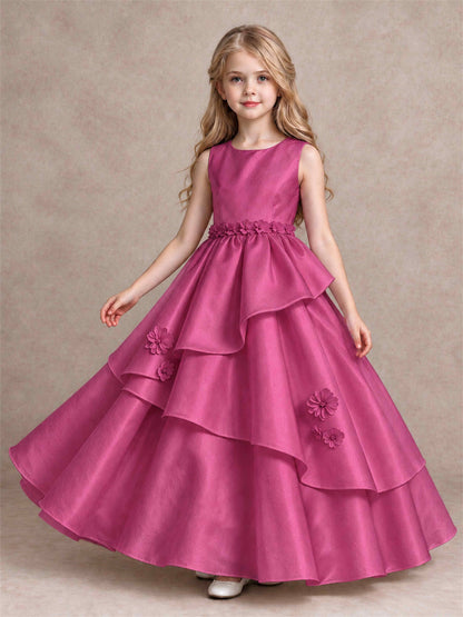 3D Floral Ruffled Satin Flower Girl Dress Floor Length Princess Gown for Wedding First Communion