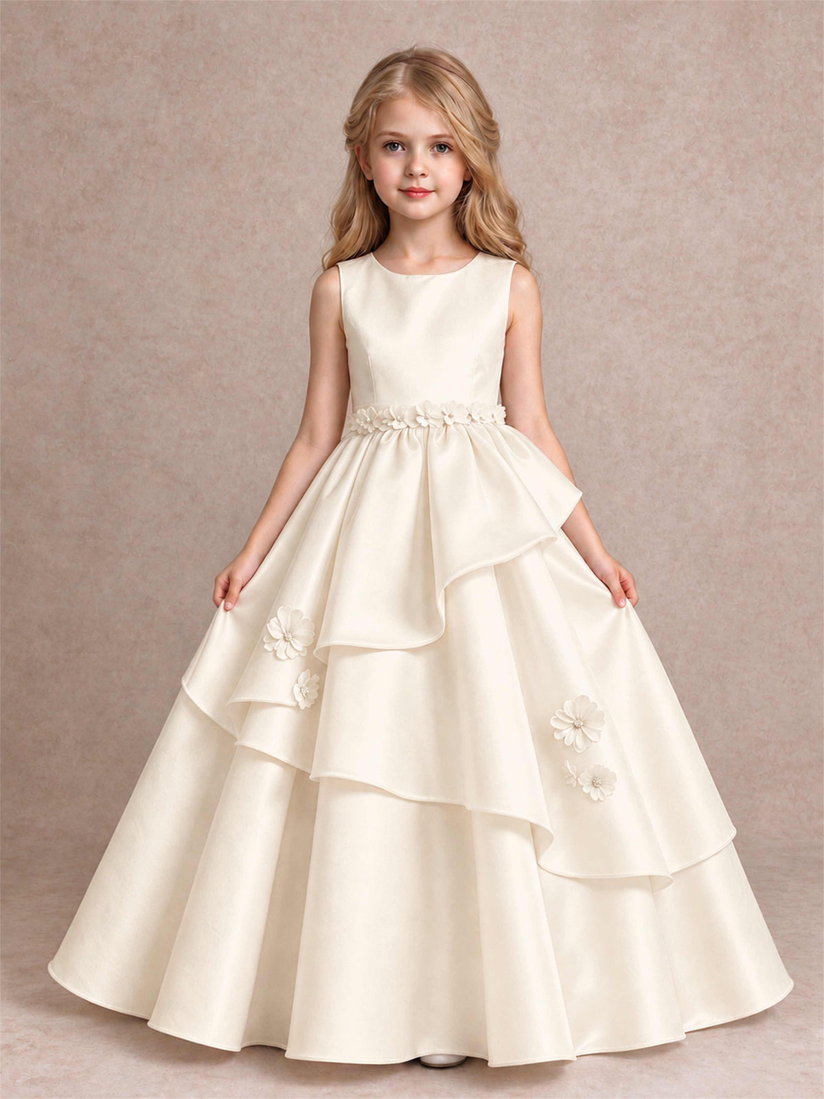 3D Floral Ruffled Satin Flower Girl Dress Floor Length Princess Gown for Wedding First Communion