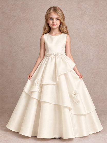 3D Floral Ruffled Satin Flower Girl Dress Floor Length Princess Gown for Wedding First Communion