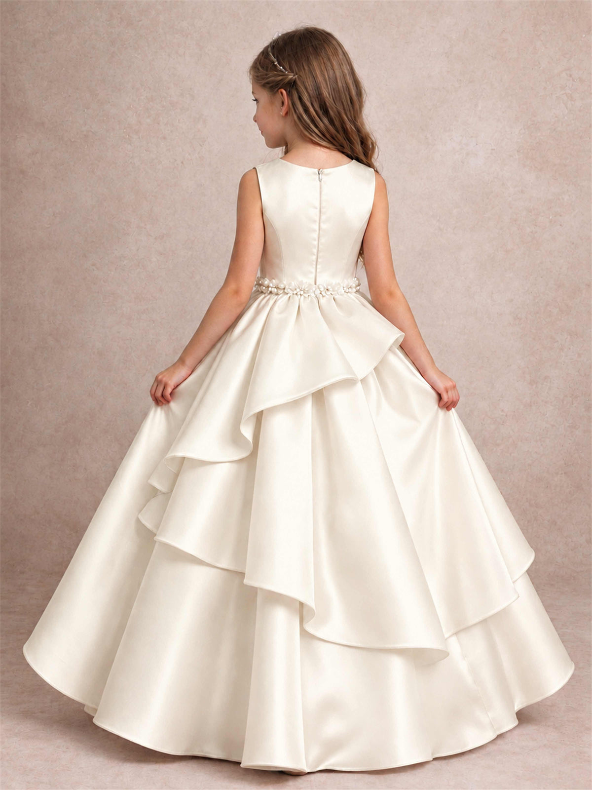 3D Floral Ruffled Satin Flower Girl Dress Floor Length Princess Gown for Wedding First Communion