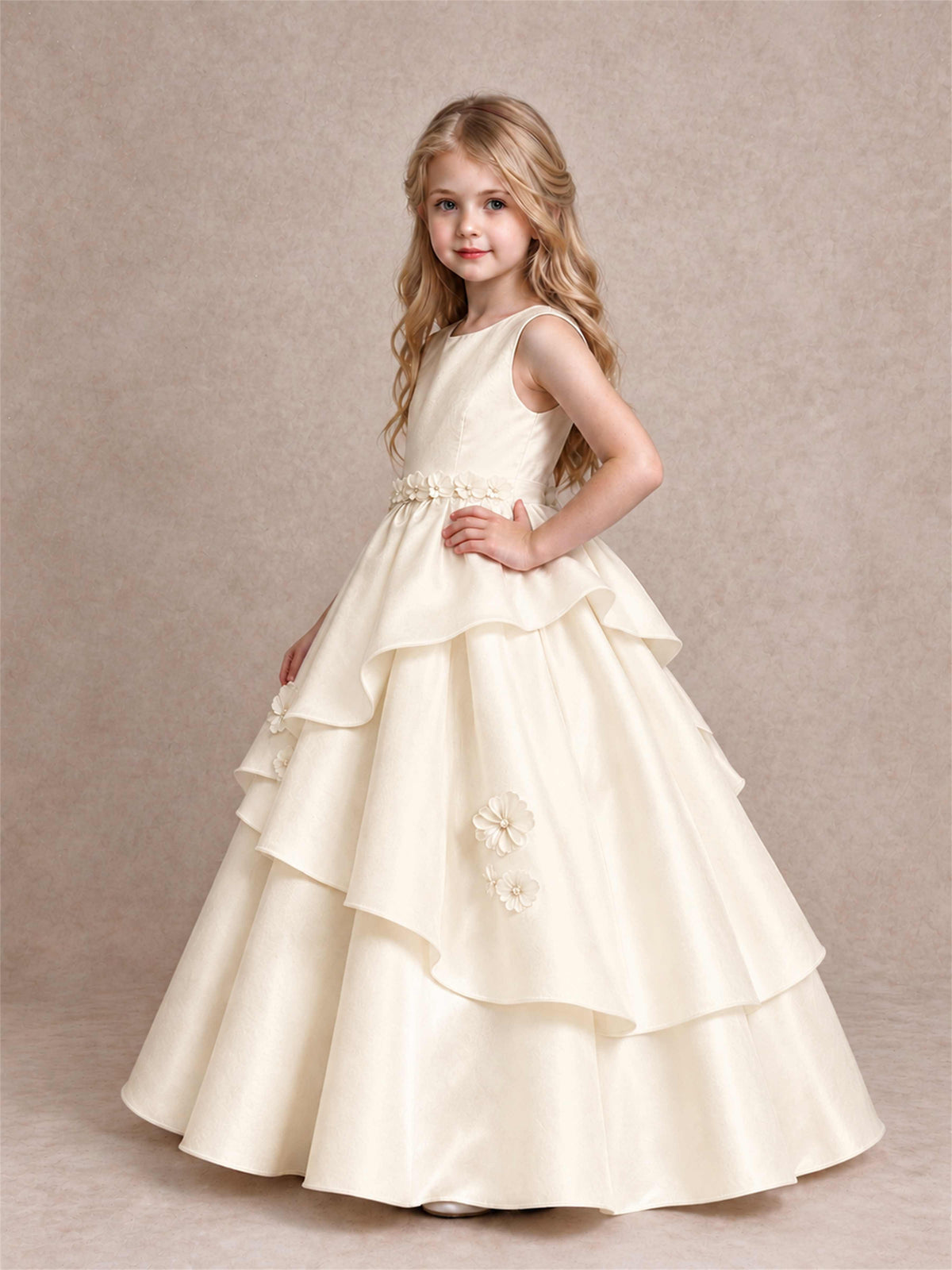 3D Floral Ruffled Satin Flower Girl Dress Floor Length Princess Gown for Wedding First Communion