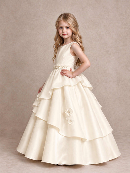 3D Floral Ruffled Satin Flower Girl Dress Floor Length Princess Gown for Wedding First Communion