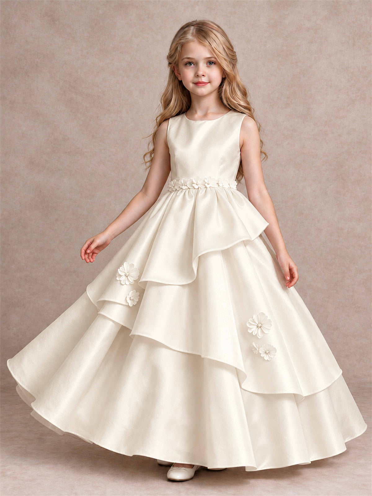 3D Floral Ruffled Satin Flower Girl Dress Floor Length Princess Gown for Wedding First Communion