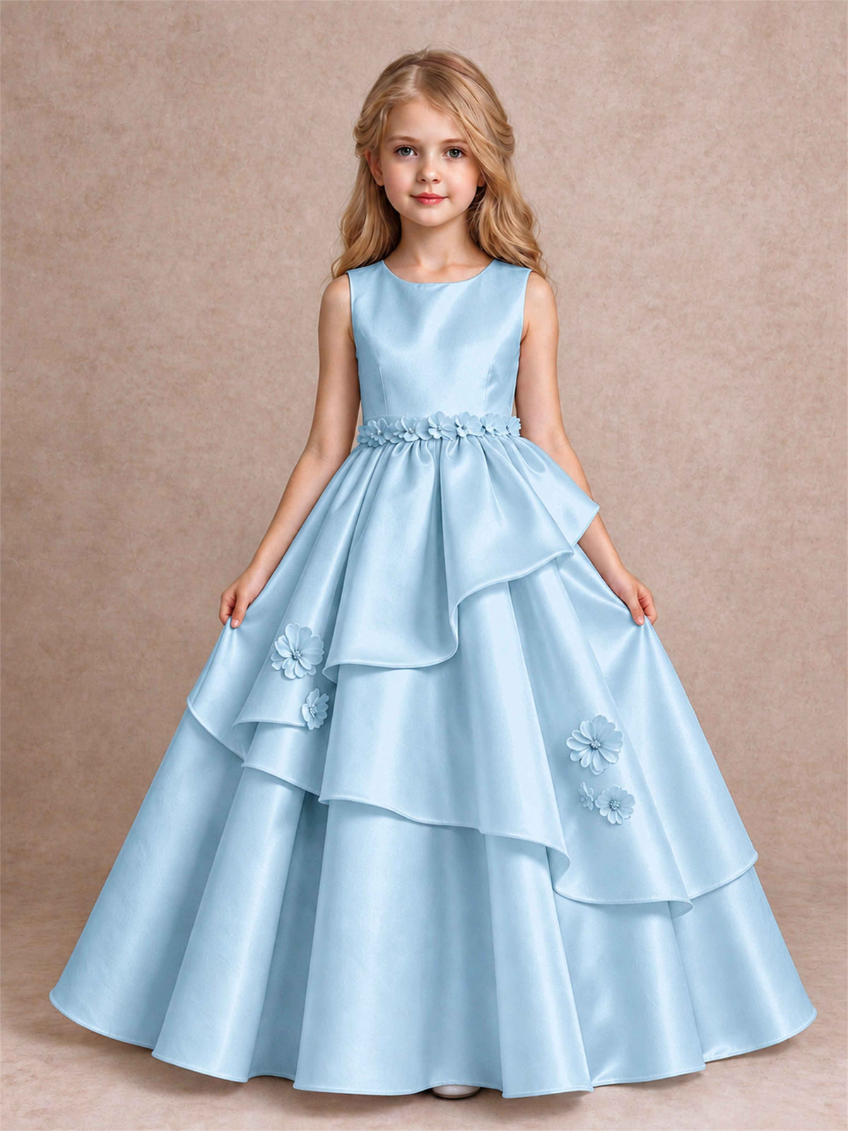 3D Floral Ruffled Satin Flower Girl Dress Floor Length Princess Gown for Wedding First Communion