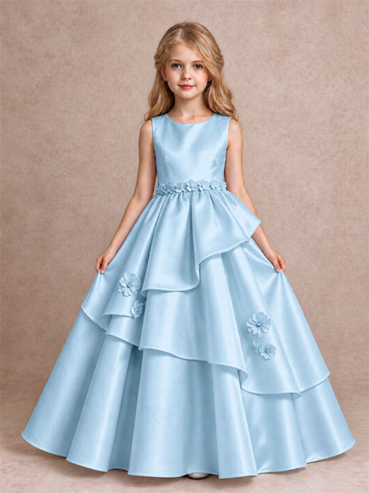 3D Floral Ruffled Satin Flower Girl Dress Floor Length Princess Gown for Wedding First Communion