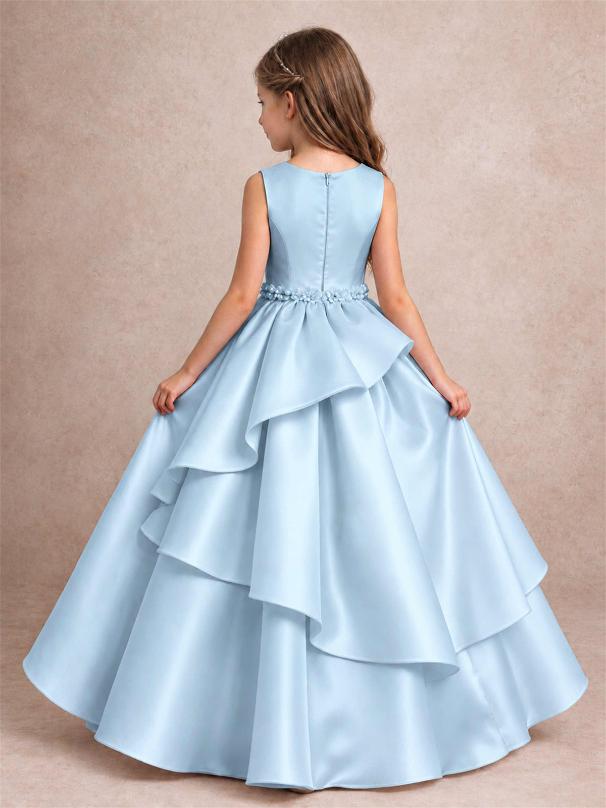 3D Floral Ruffled Satin Flower Girl Dress Floor Length Princess Gown for Wedding First Communion