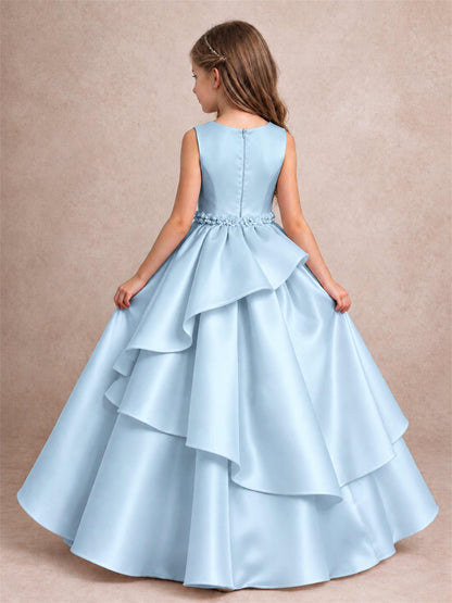 3D Floral Ruffled Satin Flower Girl Dress Floor Length Princess Gown for Wedding First Communion