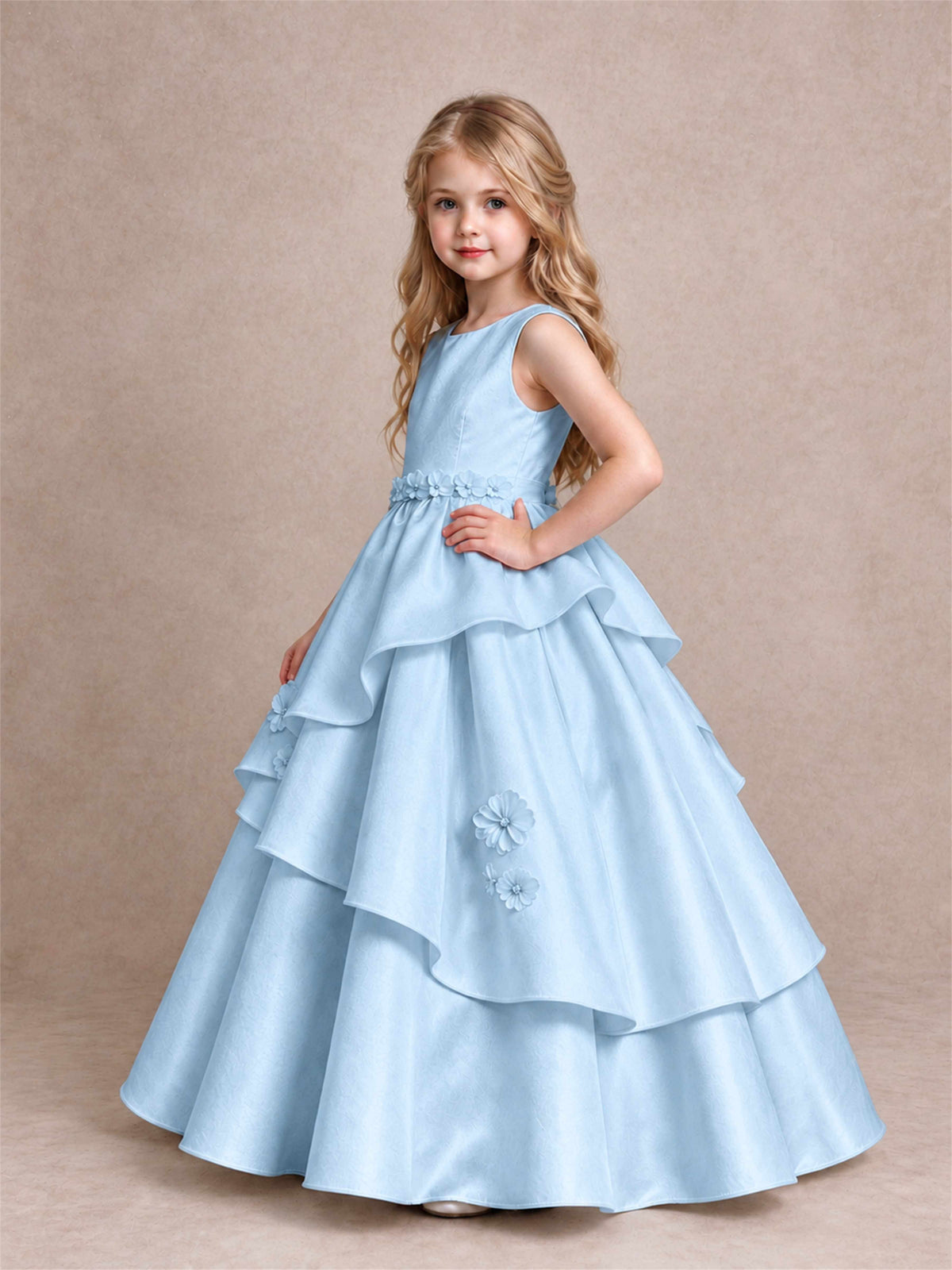 3D Floral Ruffled Satin Flower Girl Dress Floor Length Princess Gown for Wedding First Communion
