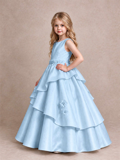 3D Floral Ruffled Satin Flower Girl Dress Floor Length Princess Gown for Wedding First Communion
