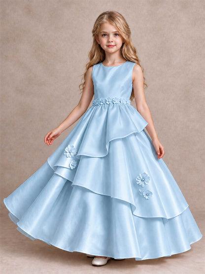 3D Floral Ruffled Satin Flower Girl Dress Floor Length Princess Gown for Wedding First Communion