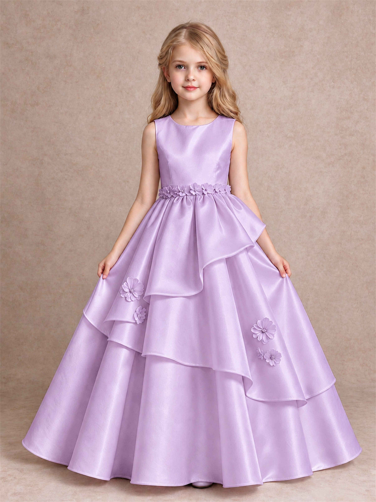 3D Floral Ruffled Satin Flower Girl Dress Floor Length Princess Gown for Wedding First Communion
