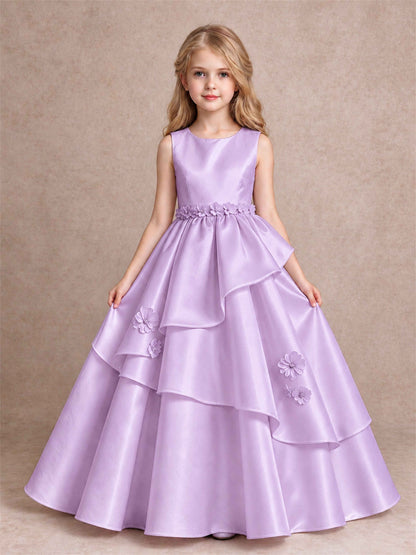 3D Floral Ruffled Satin Flower Girl Dress Floor Length Princess Gown for Wedding First Communion