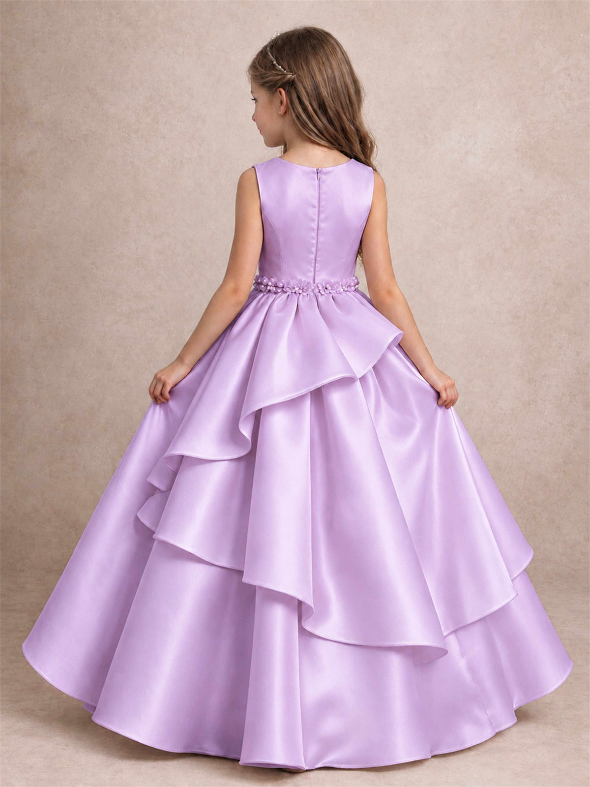 3D Floral Ruffled Satin Flower Girl Dress Floor Length Princess Gown for Wedding First Communion