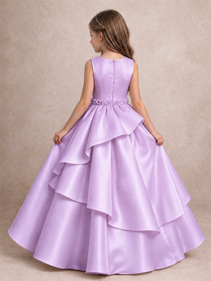 3D Floral Ruffled Satin Flower Girl Dress Floor Length Princess Gown for Wedding First Communion