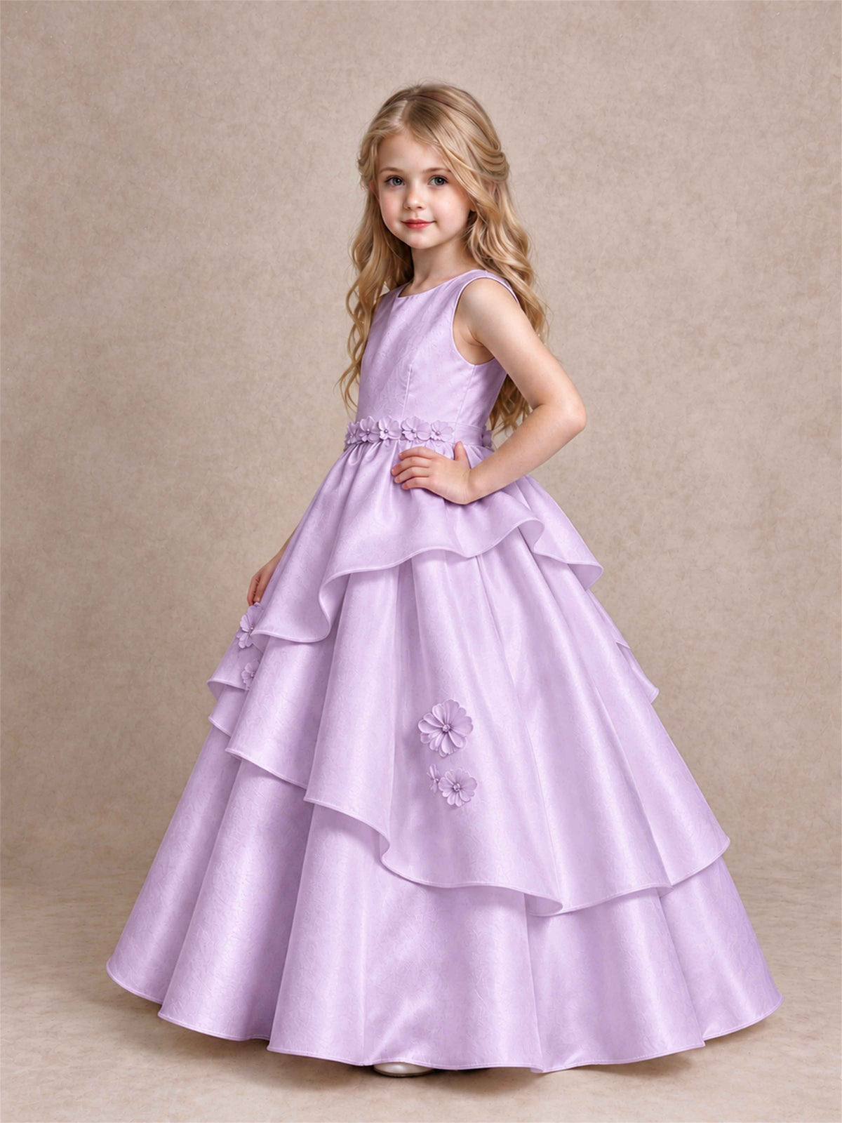 3D Floral Ruffled Satin Flower Girl Dress Floor Length Princess Gown for Wedding First Communion