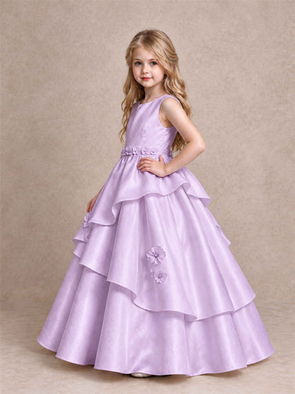 3D Floral Ruffled Satin Flower Girl Dress Floor Length Princess Gown for Wedding First Communion