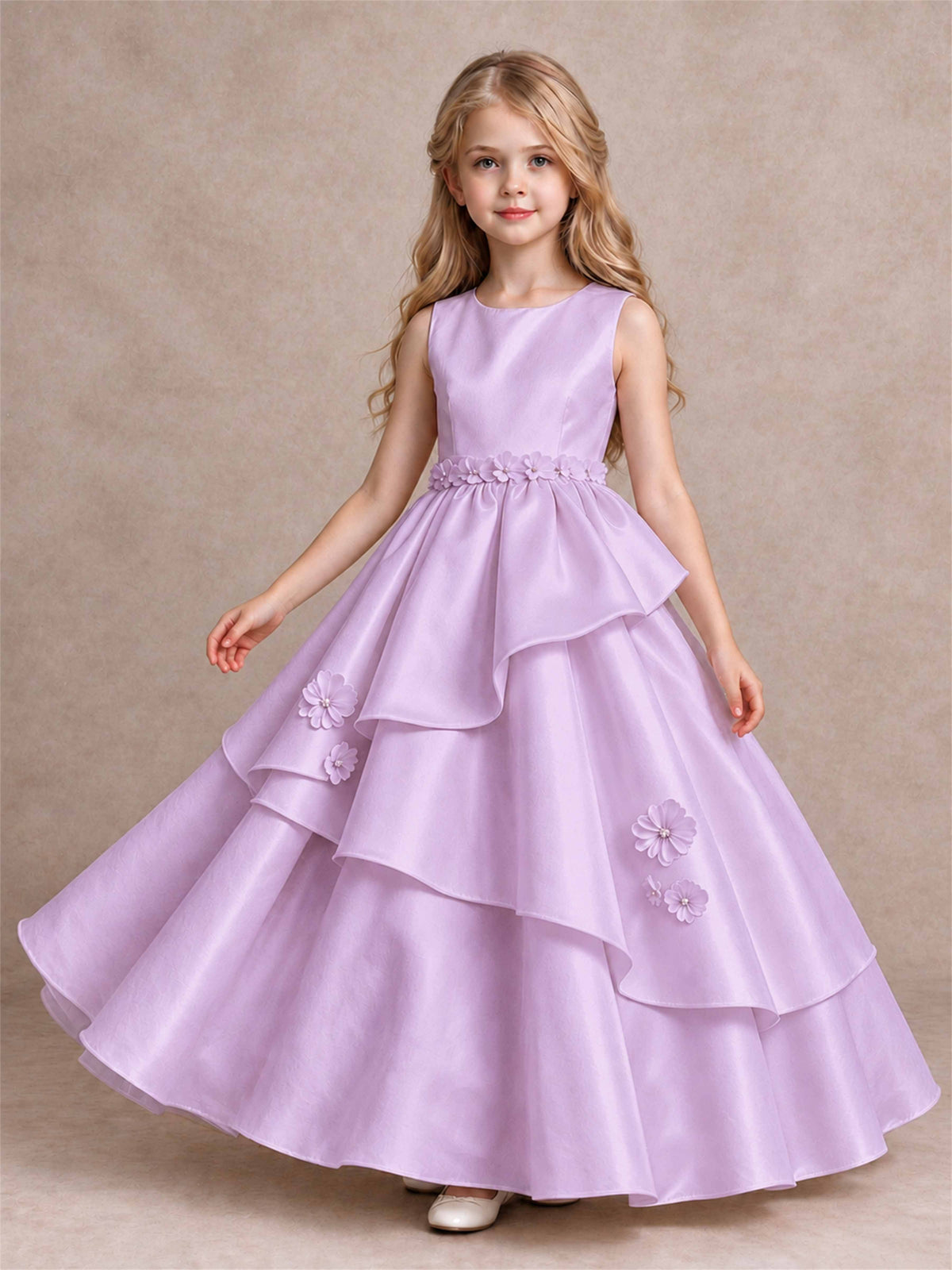 3D Floral Ruffled Satin Flower Girl Dress Floor Length Princess Gown for Wedding First Communion