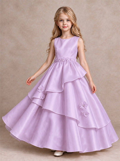 3D Floral Ruffled Satin Flower Girl Dress Floor Length Princess Gown for Wedding First Communion