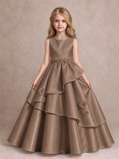 3D Floral Ruffled Satin Flower Girl Dress Floor Length Princess Gown for Wedding First Communion