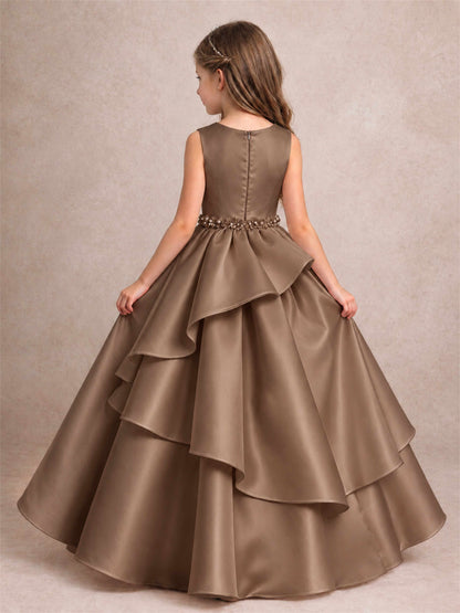 3D Floral Ruffled Satin Flower Girl Dress Floor Length Princess Gown for Wedding First Communion