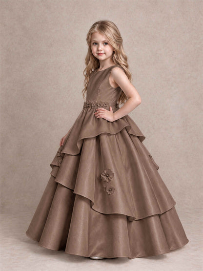 3D Floral Ruffled Satin Flower Girl Dress Floor Length Princess Gown for Wedding First Communion