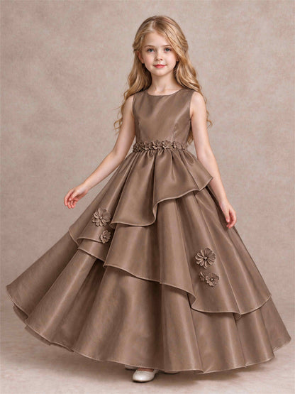 3D Floral Ruffled Satin Flower Girl Dress Floor Length Princess Gown for Wedding First Communion