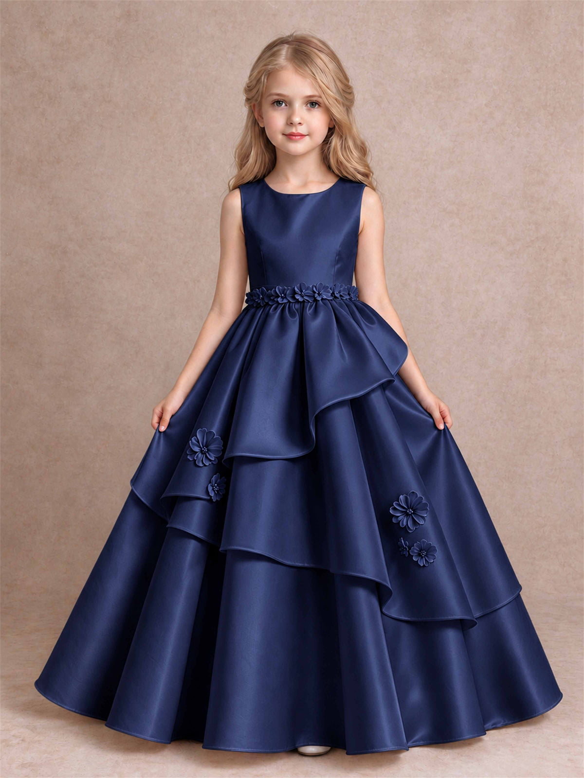 3D Floral Ruffled Satin Flower Girl Dress Floor Length Princess Gown for Wedding First Communion