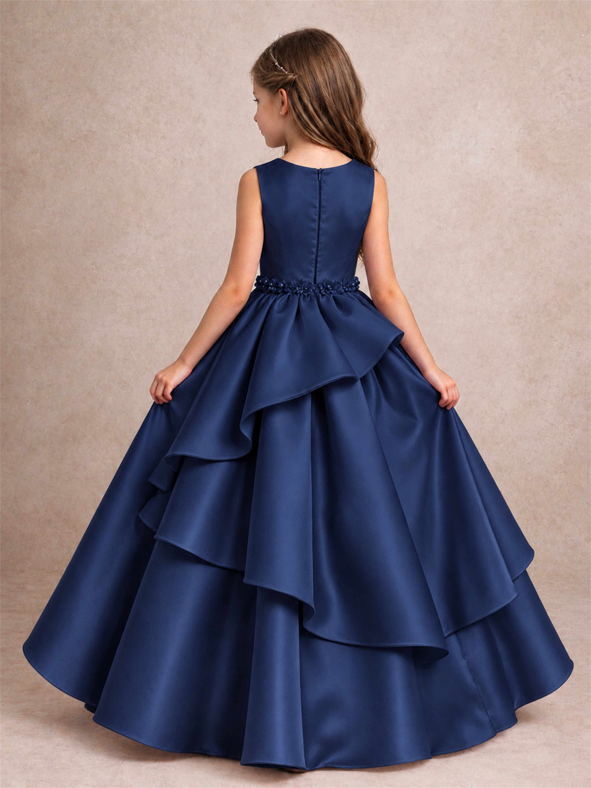 3D Floral Ruffled Satin Flower Girl Dress Floor Length Princess Gown for Wedding First Communion