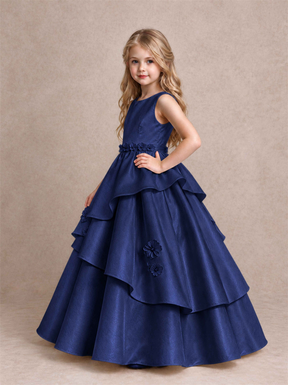 3D Floral Ruffled Satin Flower Girl Dress Floor Length Princess Gown for Wedding First Communion