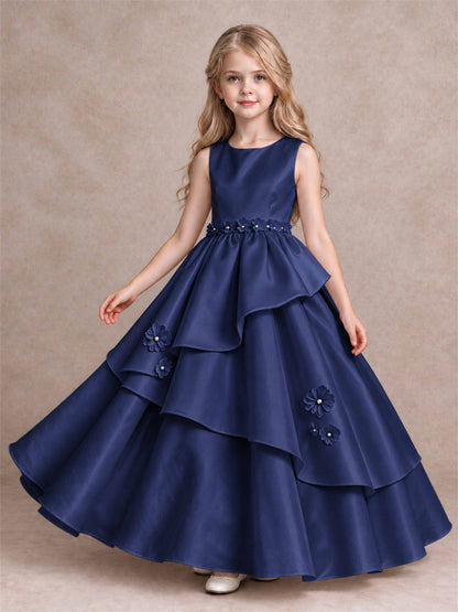 3D Floral Ruffled Satin Flower Girl Dress Floor Length Princess Gown for Wedding First Communion