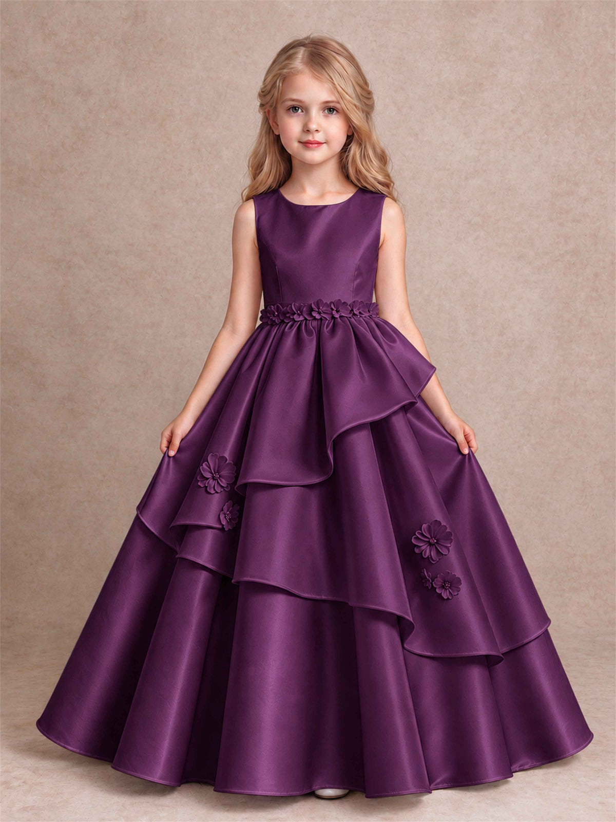 3D Floral Ruffled Satin Flower Girl Dress Floor Length Princess Gown for Wedding First Communion