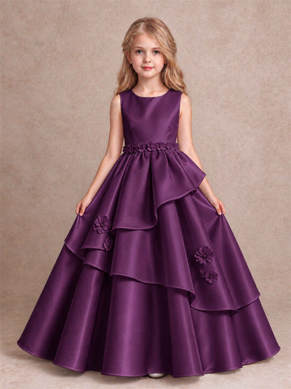 3D Floral Ruffled Satin Flower Girl Dress Floor Length Princess Gown for Wedding First Communion